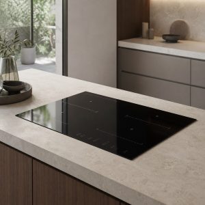 Flush black-glass induction cooktop in a stone island