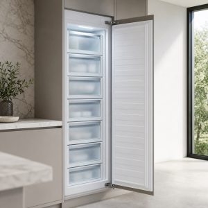 Integrated freezer column with organized illuminated drawers