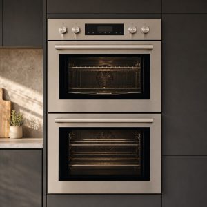 Built-in double convection wall oven in dark cabinetry