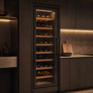 Built-in wine cellar column with illuminated wooden shelves