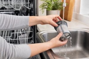 Safe owner-level dishwasher care and inspection scene